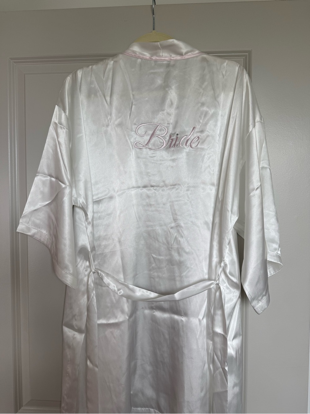 Bride Satin Robe in White with Pink Embroidery